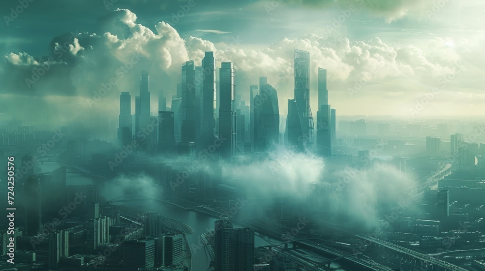 Fototapeta premium A foggy metropolis emerges from the clouds, as skyscrapers and tower blocks tower over the river, creating a stunning cityscape in this outdoor scene