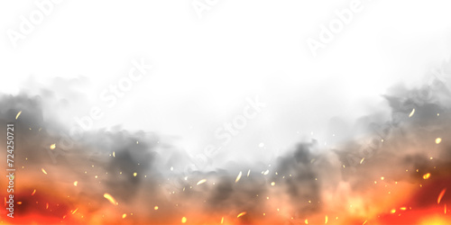 Black realistic smoke, dust clouds isolated on white background. Dirty polluted smog or fog. Air pollution, mist effect. Smoke from fire or explosion. Vector illustration