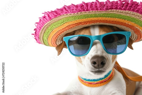 White background portrait of a jack russell terrier wearing sunglasses and a sombrero © VolumeThings