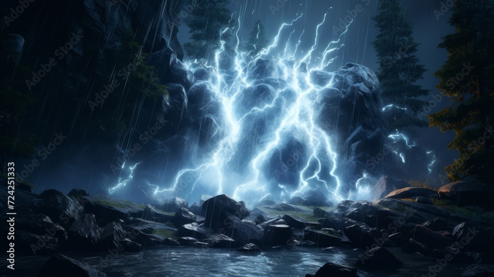 lightning bolts over a river