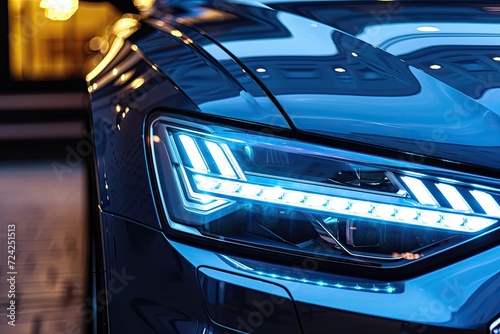 Modern car s LED adaptive headlight comprises 16 individual matrix LED units which adjusts brightness based on driving conditions