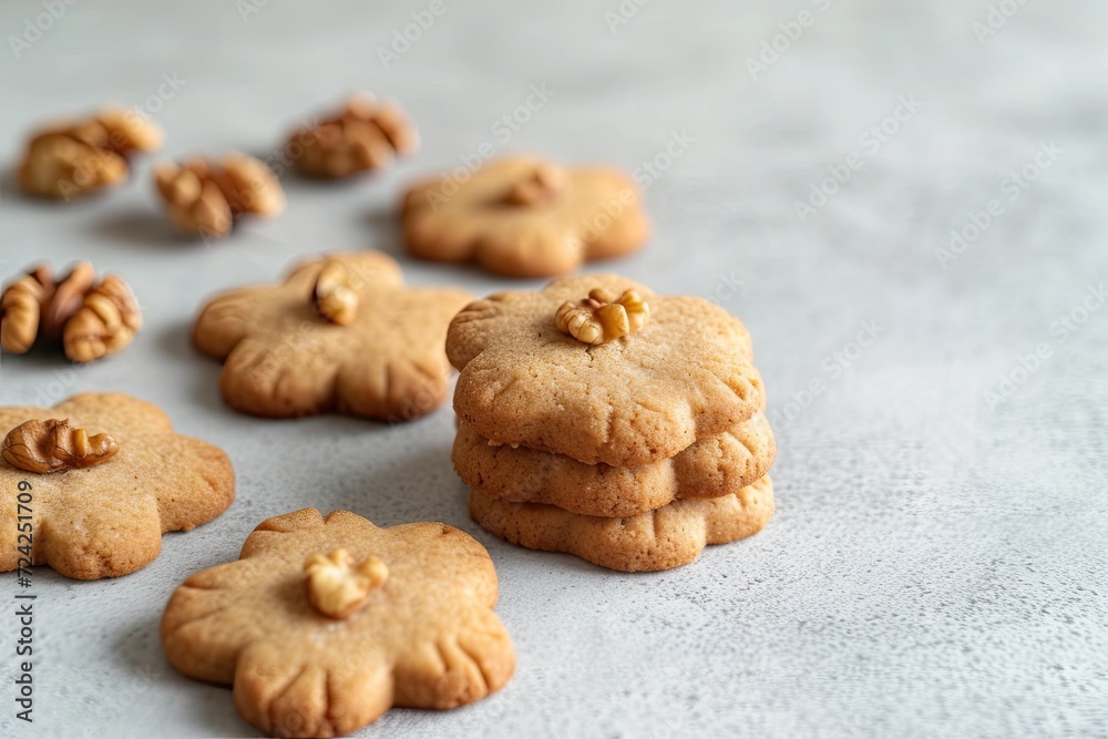 Closeup of homemade walnut shaped cookies on a light grey background with room for text with condensed milk Closeup of homemade walnut shaped cookies on a light grey background with room for text with condensed milk