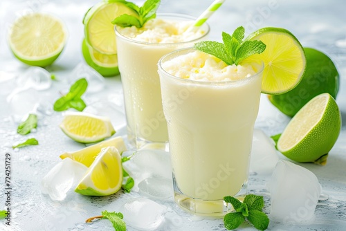 Brazilian Limeade or Lemonade with Mint on Bright Background