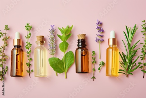 Essential oil bottles featuring various herbs on pink background