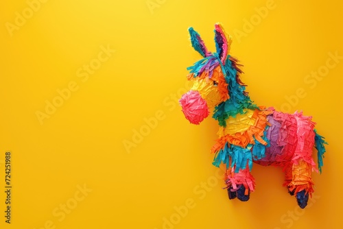 Donkey pinata on yellow background top view Area for text