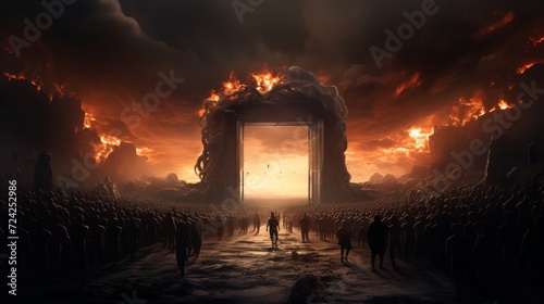 The gate to hell with a massive line of people in front of it and a horrifying landscape