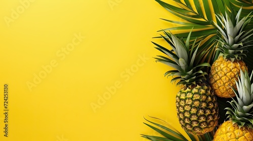 Green tropical palm leaves and pineapple on bright yellow summer background