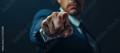 Generative AI image of business figure pointing finger to screen, in the style of dark gray and navy, matte background, close-up, pulpy style, ambitious, clean-lined, precise photo