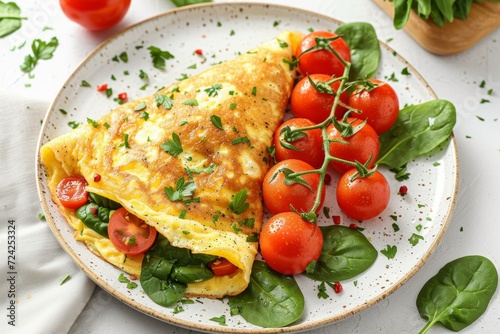 An indoor brunch spread on the table, featuring a colorful omelette dish with fresh spinach and juicy plum tomatoes as a healthy and flavorful vegetarian option