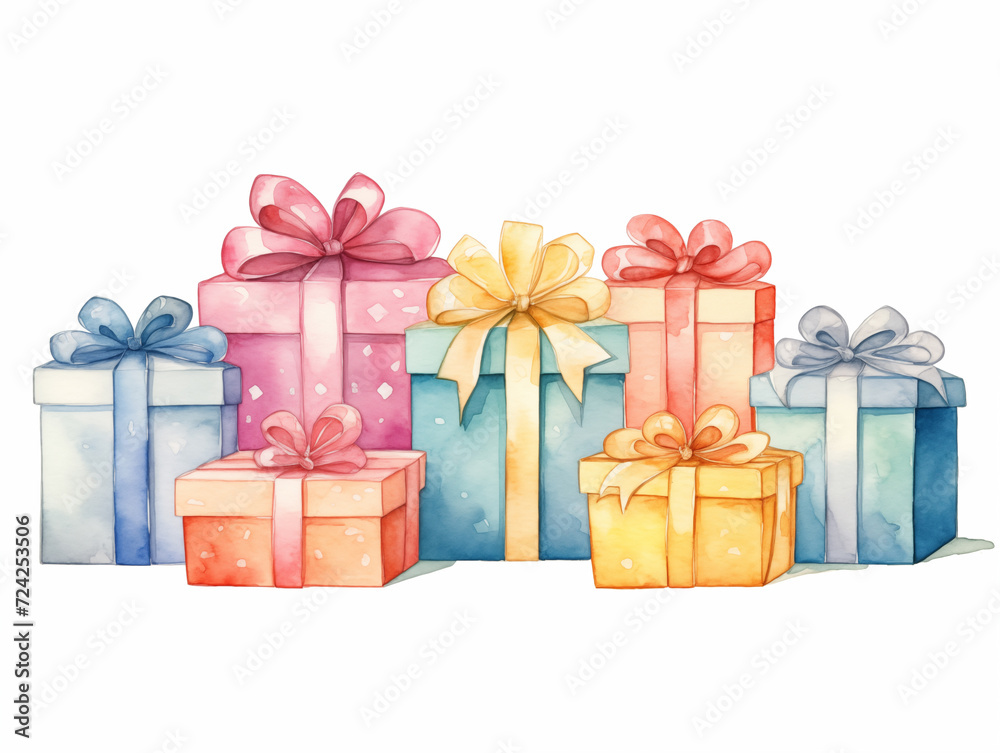 Obraz premium Illustration of Cute Watercolor Gift Box with bows on white background