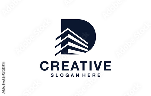 negative space building letter D modern logo design