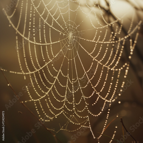 A spider web adorned with morning dew, capturing the intricate beauty of nature's craftsmanship