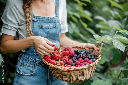 A woman embraces nature's bounty as she holds a basket of vibrant berries, embodying the essence of health and vitality with her choice of natural superfoods photo