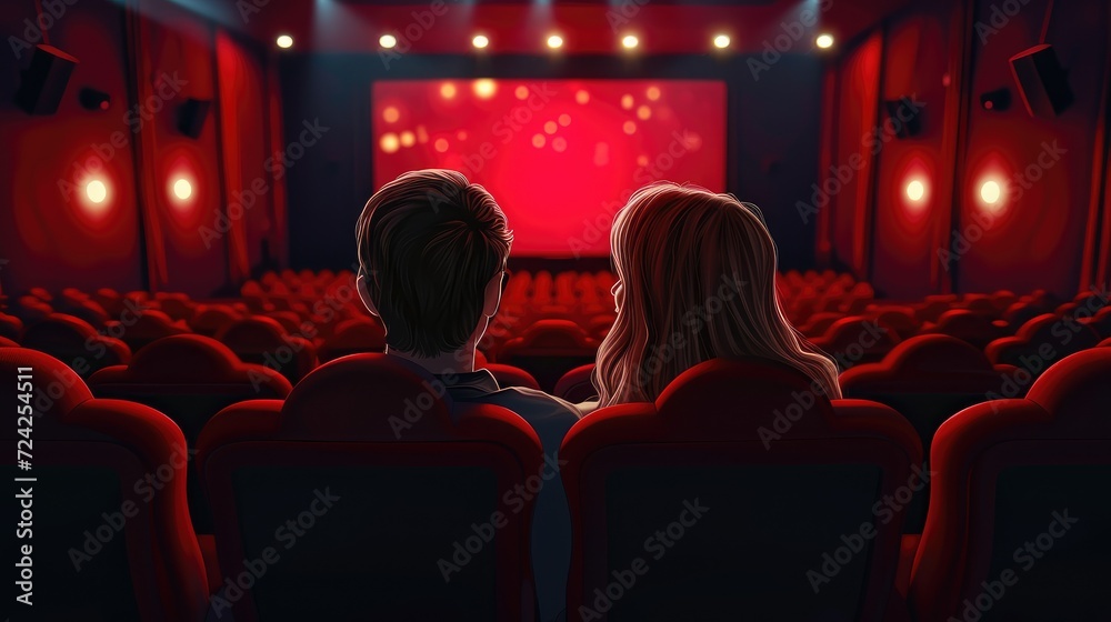 Couple in love watching movie in cinema. Back view of man and woman sitting in cinema hall and looking at screen
