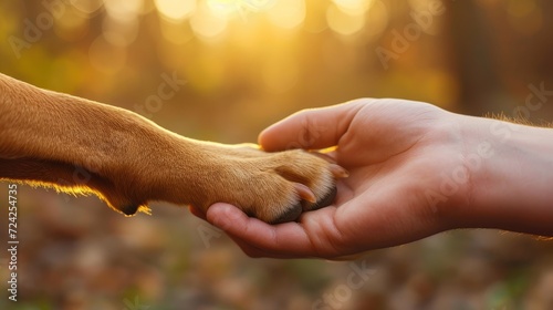 Close-up of dog gives his paw to a man in autumn forest. Pet friendly concept photo