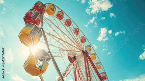 Vintage ferris wheel on blue sky background, retro toned