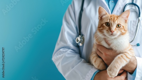Veterinarian holding a cat in his arms on a blue background