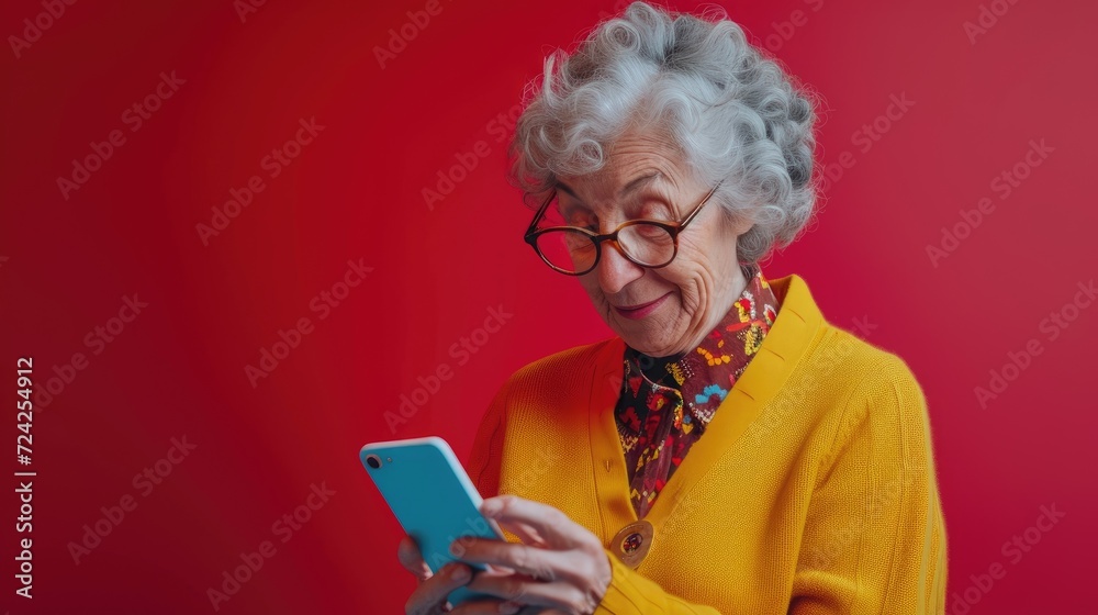 Portrait of a senior woman using a mobile phone on a red background. Copy space Portrait of a senior woman using a mobile phone on a red background. Copy space