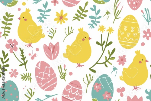 A whimsical fabric illustration depicts a charming cycle of life, as a vibrant bird watches over a delicate pattern of eggs and chickens