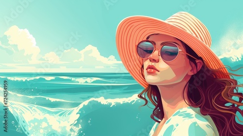 Illustration of a girl in a hat and sunglasses on the beach. Vacation concept
