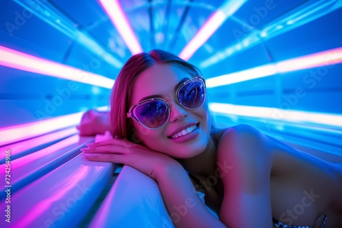 A radiant woman basks in electric blue and purple hues, her face adorned with a smile and stylish glasses, as she relaxes on an indoor tanning bed photo