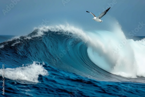 A majestic bird soars above a tumultuous wave, as a lone surfer rides the powerful tide amidst the vastness of the ocean and the untamed beauty of nature