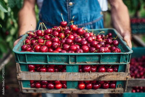 A person stands proudly with a crate of freshly picked cherries, representing the beauty and nourishment of local, whole foods in the outdoor market