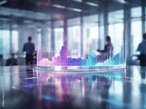 Holographic graphic representation of a bar chart and ascending lines, indicating growth or increase, in a modern office environment.