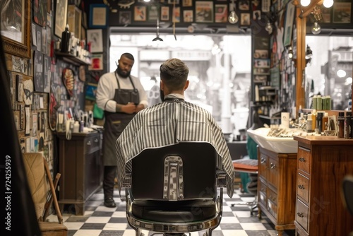 A stylishly dressed man waits patiently in the cozy barber shop, surrounded by vintage furniture and the comforting aroma of freshly brewed coffee, as he eagerly anticipates his next haircut on a bus © Pinklife
