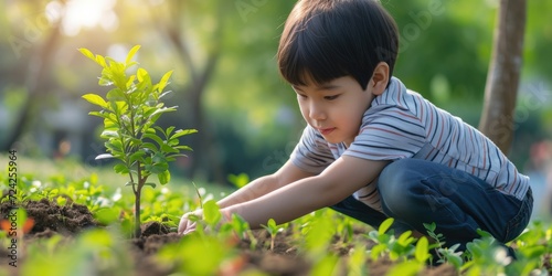 Young child girl planting tree in spring. The Earth day