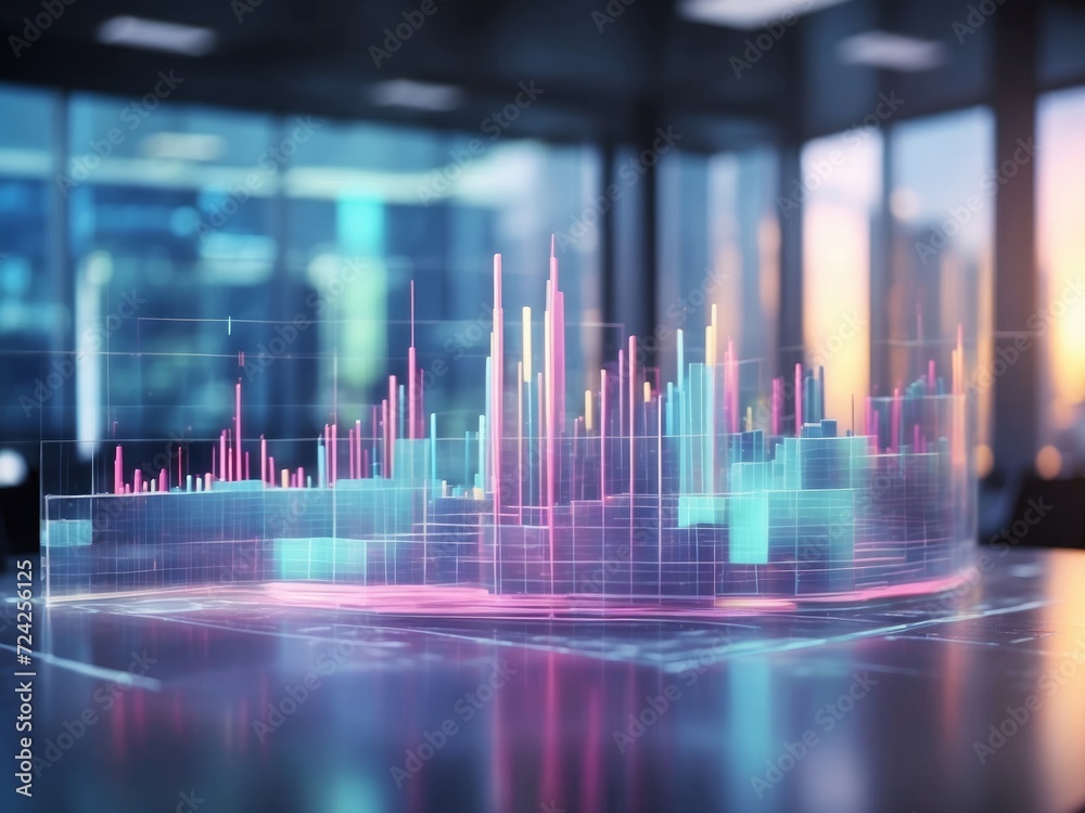 Holographic graphic representation of a bar chart and ascending lines, indicating growth or increase, in a modern office environment. Holographic graphic representation of a bar chart and ascending lines, indicating growth or increase, in a modern office environment.