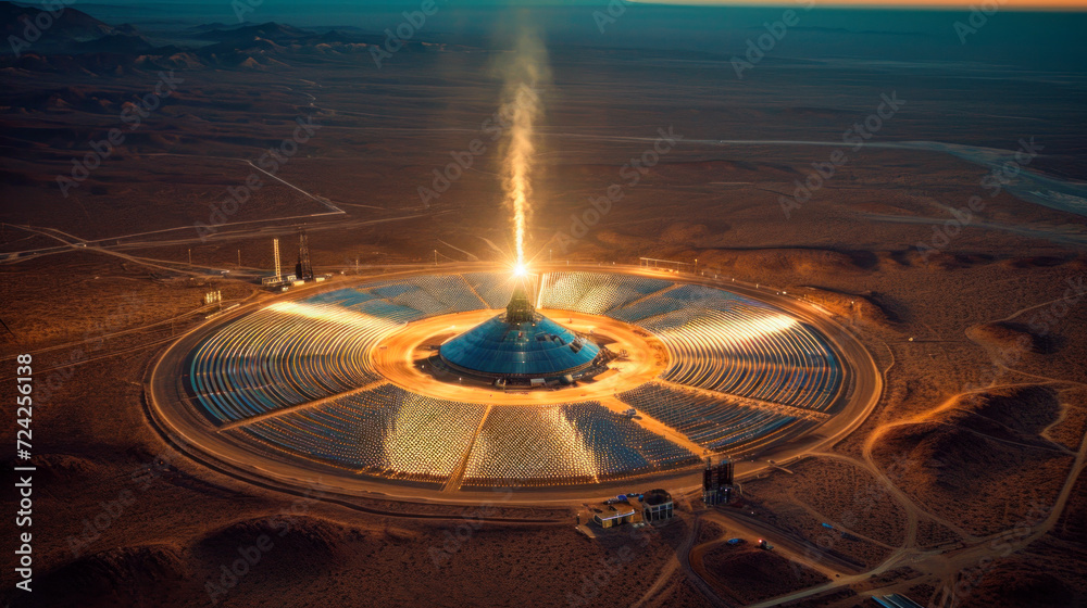 Aerial view of solar energy tower, concentrated solar power plant. The panels stand in a circle, Renewable energy. Green energy.