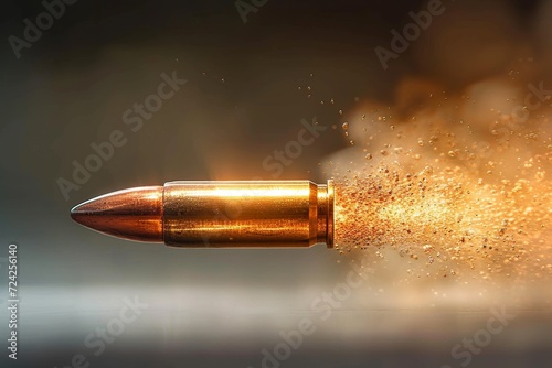 A lone bullet, leaving behind a trail of dust, symbolizing the destructive power and lasting impact of ammunition and weapons