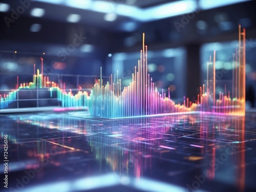 Holographic graphic representation of a bar chart and ascending lines, indicating growth or increase, in a modern office environment.