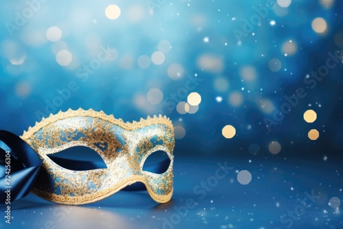 Golden Carnival mask on blue background with sparkles. Mardi Gras concept. Festive background copy space