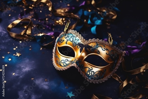 Golden Carnival mask closeup. Mardi Gras decoration. Festive background.
