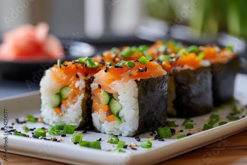 A colorful tray of delicately prepared sushi, including california rolls and gimbap, is a culinary work of art that showcases the freshness and flavor of various seafood ingredients, all wrapped in l