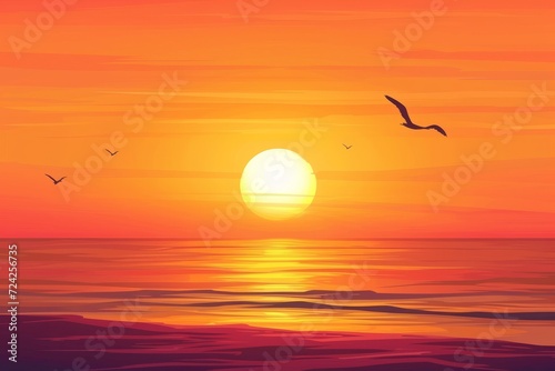 The fiery sun dips below the horizon, casting a warm afterglow over the calm ocean as a lone sea gull glides across the sky in the peaceful evening