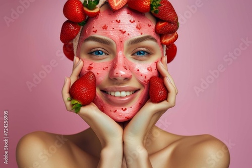 A radiant woman beams with delight as she wears a strawberry-adorned smile, her face transformed into a whimsical canvas of red and art