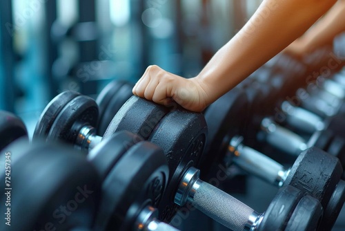 A determined athlete works tirelessly to build strength and endurance, as their hand grips the weight on a rack in the gym
