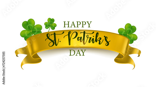 Happy St Patriks day banner element with ribbon and shamrock leaf.