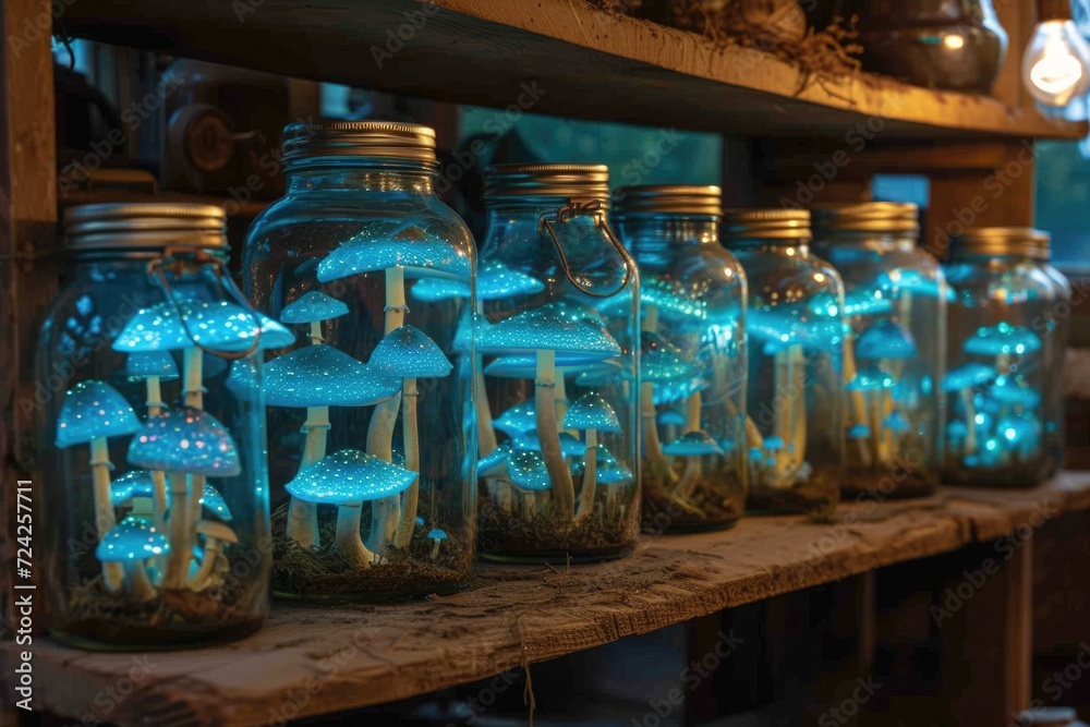 Obraz premium Magic Psilocybin Mushrooms in bell jars stored on shelf. Fantasy Glowing Mushrooms in mystery dark close-up. Border art design. Magic light.