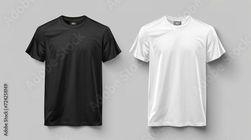 Set of realistic white and black unisex classic t-shirt with round neckline on coat hanger. Front and back view. Vector illustration collection on gray background, generative ai photo