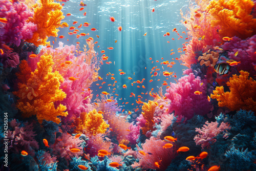 A digital animation depicting the bustling activity of a coral reef. Concept of marine life s diversity and vibrancy. Generative Ai.
