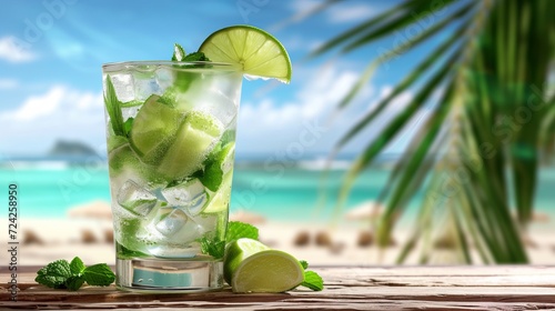 Refreshing mojito cocktail in tropical setting with blurred beach background and copy space