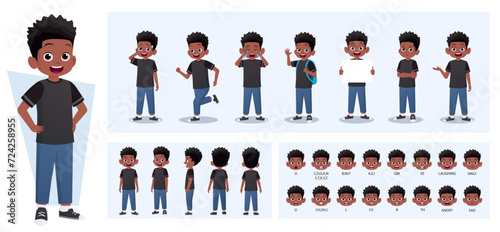 Cartoon Black Boy Character Constructor with Gestures, Emotions and Actions. Child Side, Front, Rear View. Movable Parts for Animation and Lip-Sync Vector Illustration.