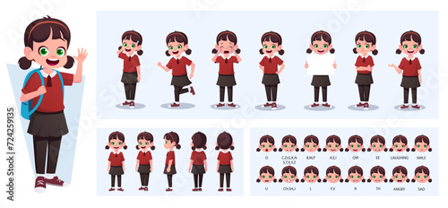 Little Girl Character Constructor with Gestures, Actions and Emotions. Child Side, Front, Rear View, Movable Body Parts for Animation and Lip-Sync Vector Illustration