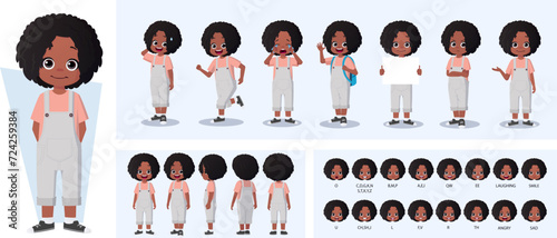 Little Black Girl Character Constructor with Gestures, Actions and Emotions. Child Side, Front, Rear View, with Movable Joints for Animation and Lip-Sync Vector Illustration.