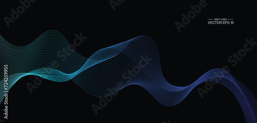 Vector wavy lines pattern smooth curve flowing dynamic blue green gradient light isolated on black background for concept of technology, digital, communication, science, music. © Cody