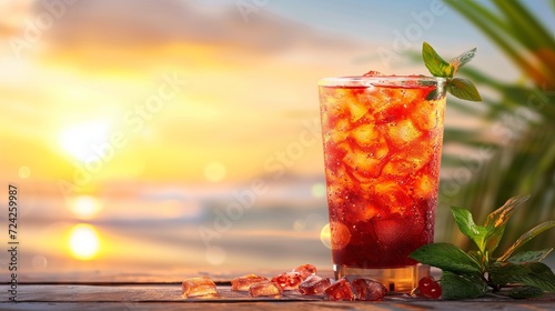 Tropical hurricane cocktail on defocused beach background with copy space for text placement